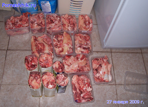 Мясо разложено по судочкам перед закладкой в морозильную камеру